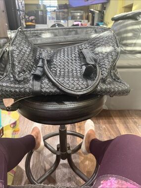 Woven Leather Tote Bag - Black